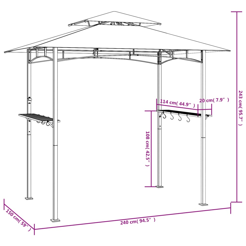 vidaXL BBQ Gazebo with Side Shelves Anthracite 94.5"x59.1"x95.7" Steel-6