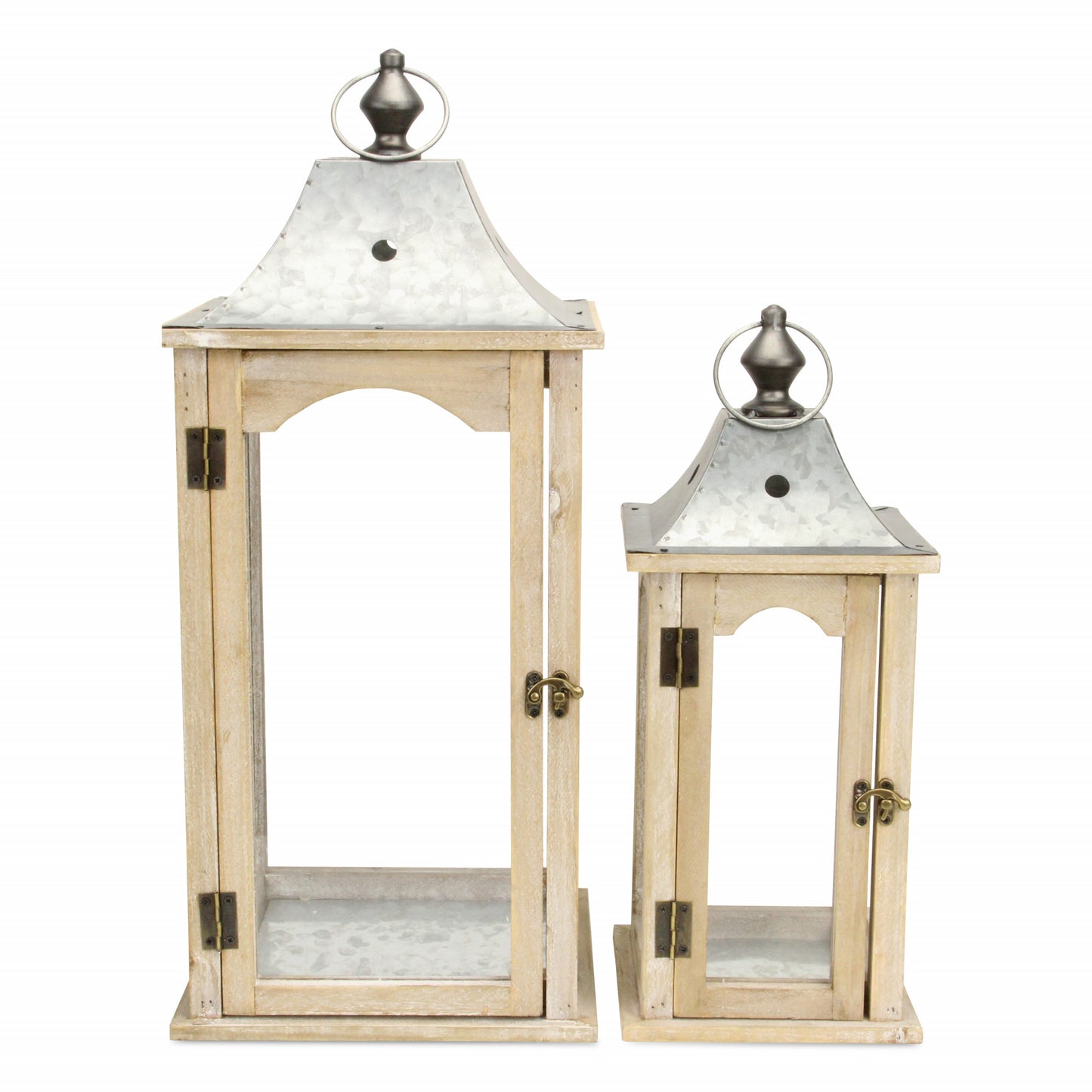 Set of 2 Brown Wood finished Frame Glass and Metal Top Lanterns-2