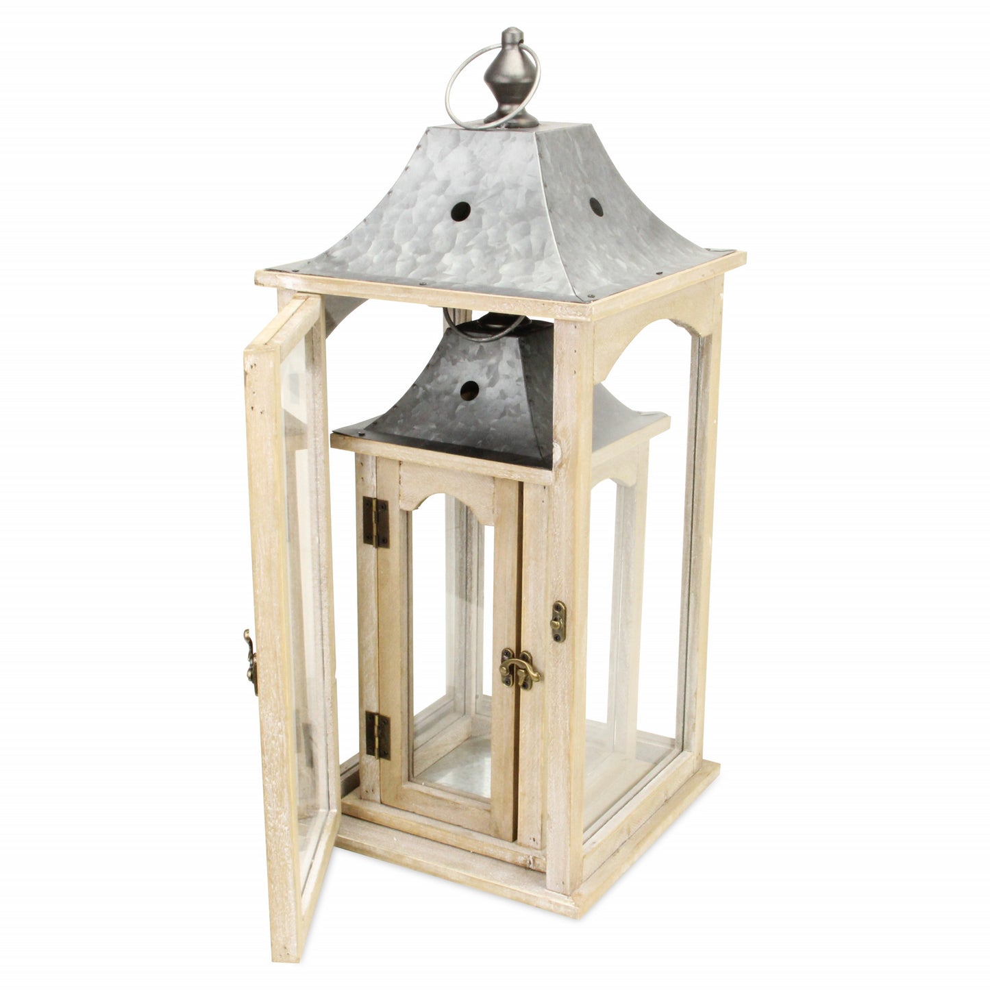 Set of 2 Brown Wood finished Frame Glass and Metal Top Lanterns-3